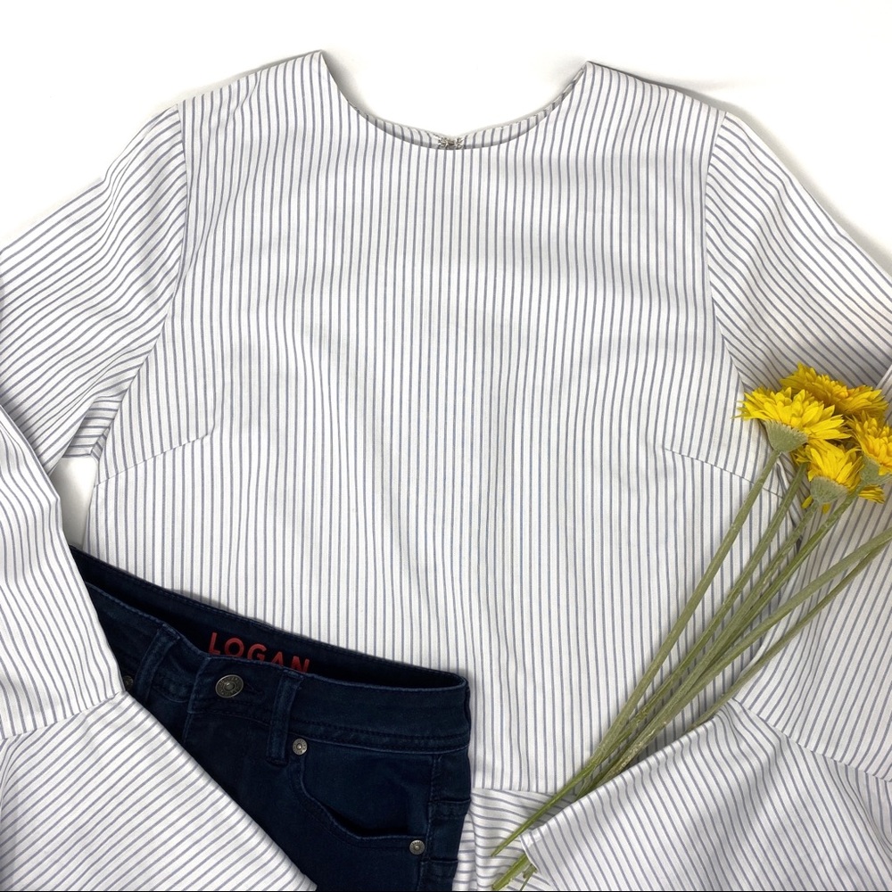 Sugarlips Striped Peplum Bell Sleeve Pullover Blouse Medium Blue White